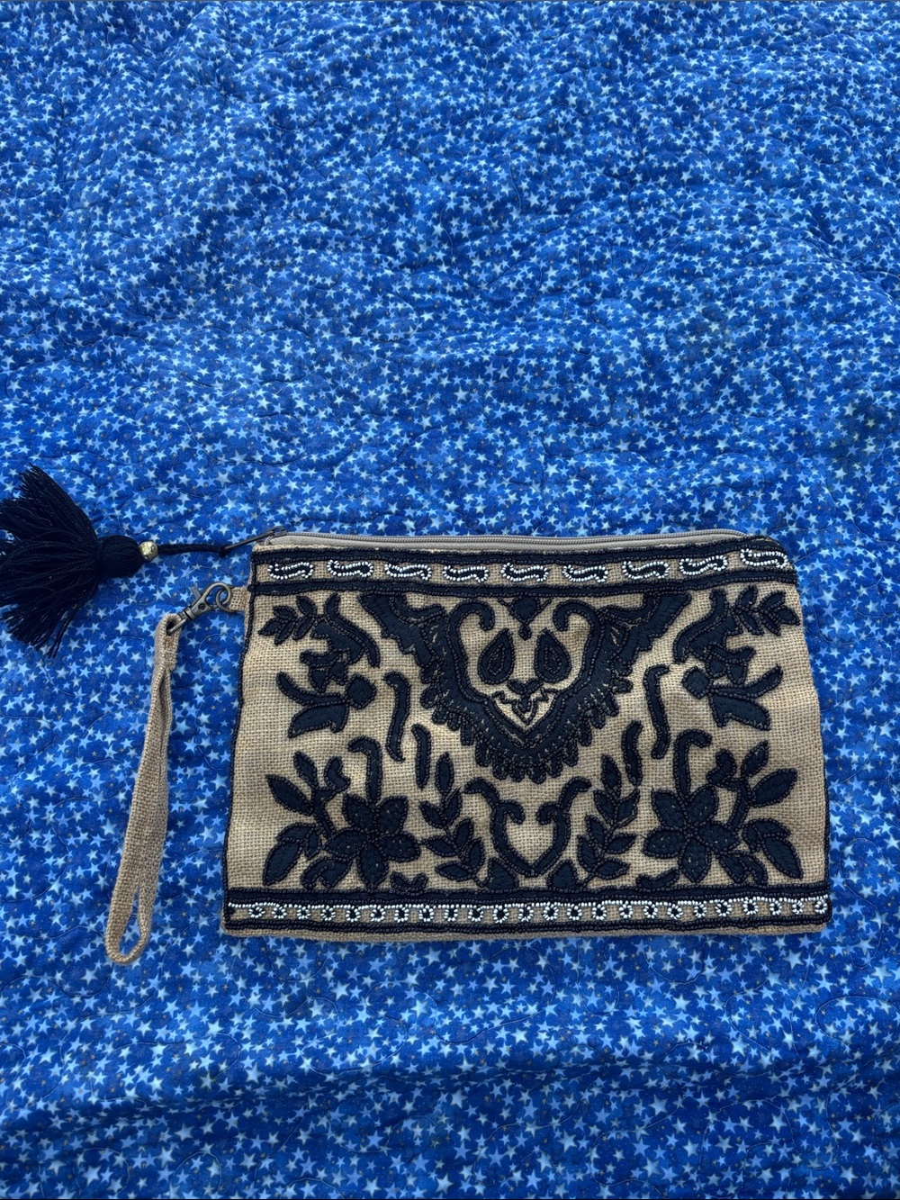Love Stitch Beige and Black Embroidered Wristlet Clutch